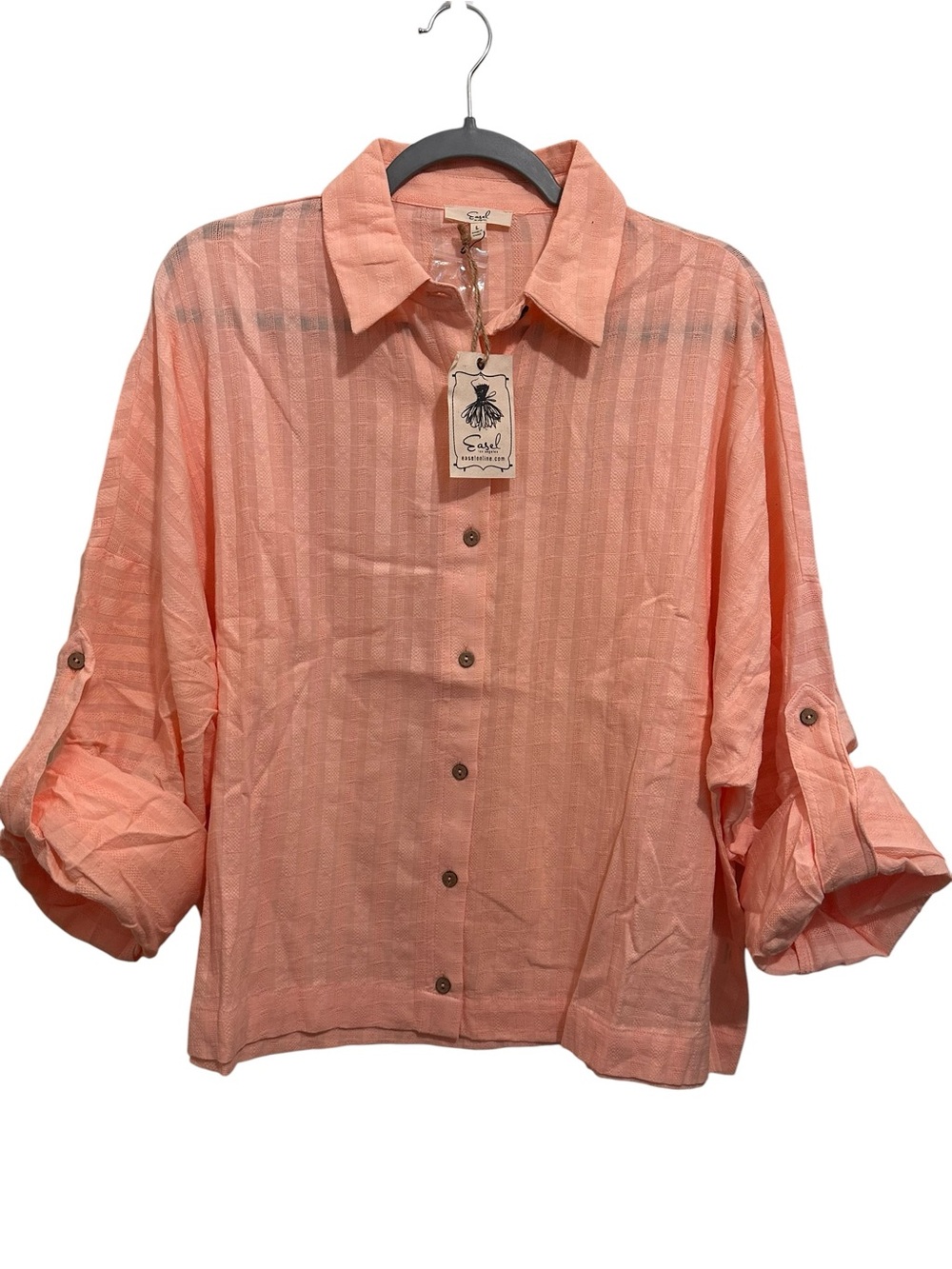 Easel Coral Button-Front Roll-Tab Shirt